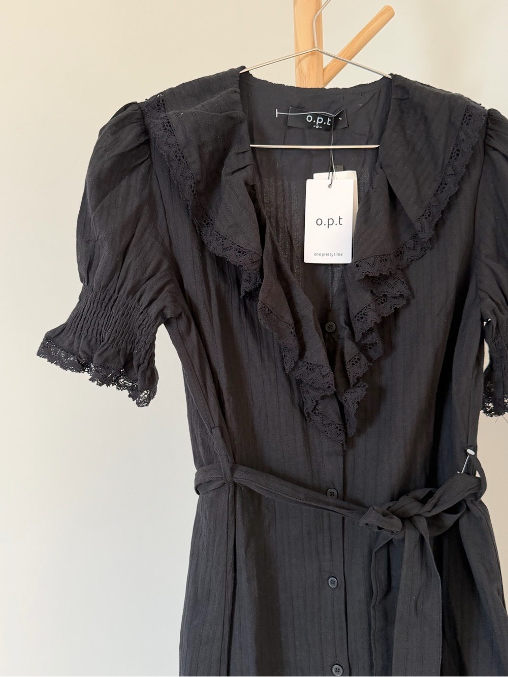 O.P.T. Black Ruffle Belted Button Front Midi Dress
